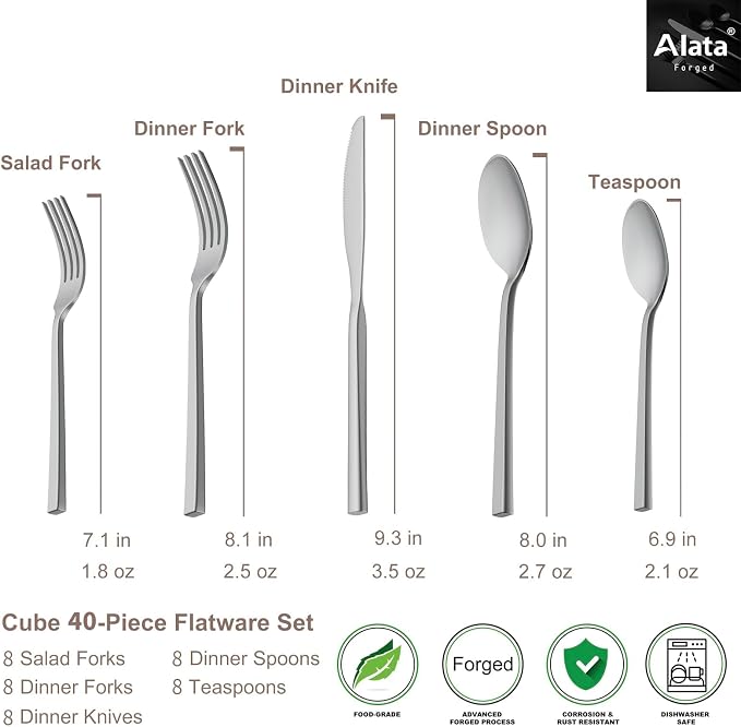 Alata Cube 40-Piece Forged Stainless Steel Flatware Set Cutlery Set, Mirror - Image 4