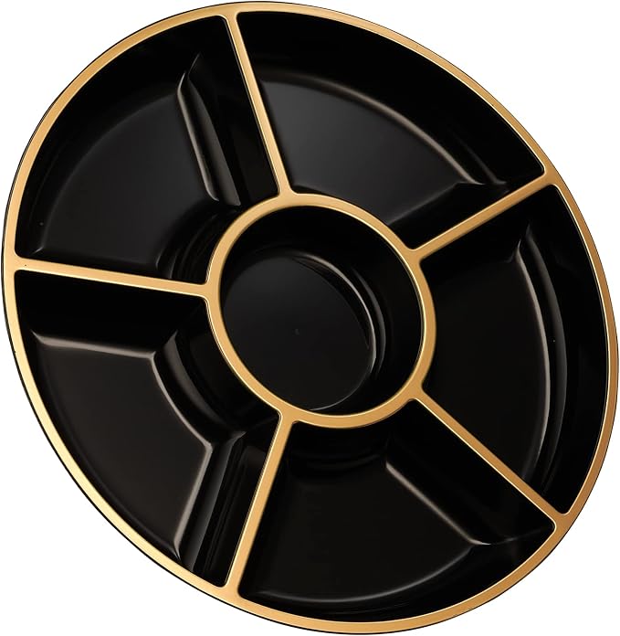 Plasticpro 6 Sectional Round Plastic Serving Tray/Platters Black & Gold Pack of - Image 9