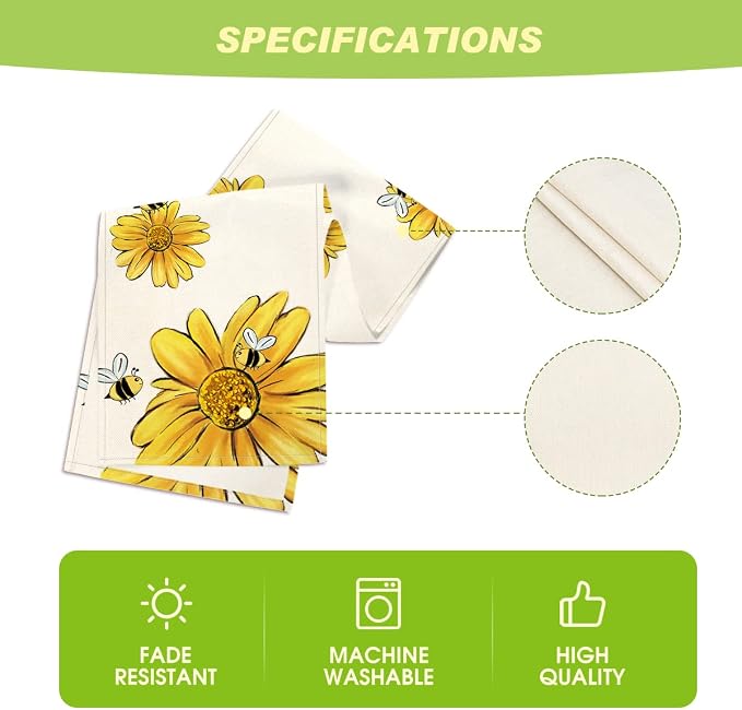 Artoid Mode Beige Bee Sunflower Table Runner, Seasonal Spring Summer Flowers - Image 5