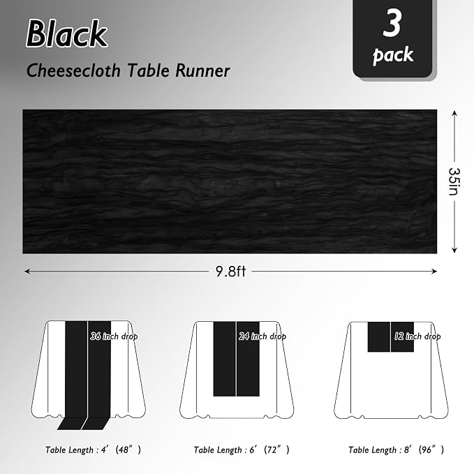 12 Pack Black Cheesecloth Table Runner 120 Inch Boho Wedding Decor | - Image 2