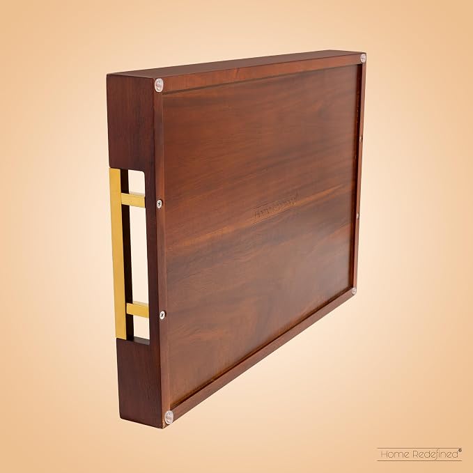 Acacia Wood Serving Tray with Polished Gold Stainless Steel Metal Handles - Image 5