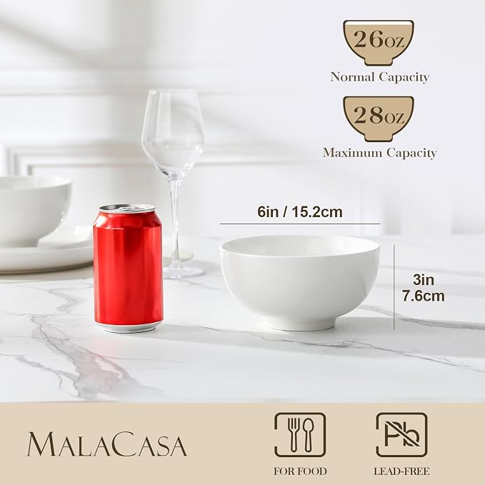 MALACASA 26 Oz White Ceramic Soup Bowls of 4, Cereal Bowls - Image 2