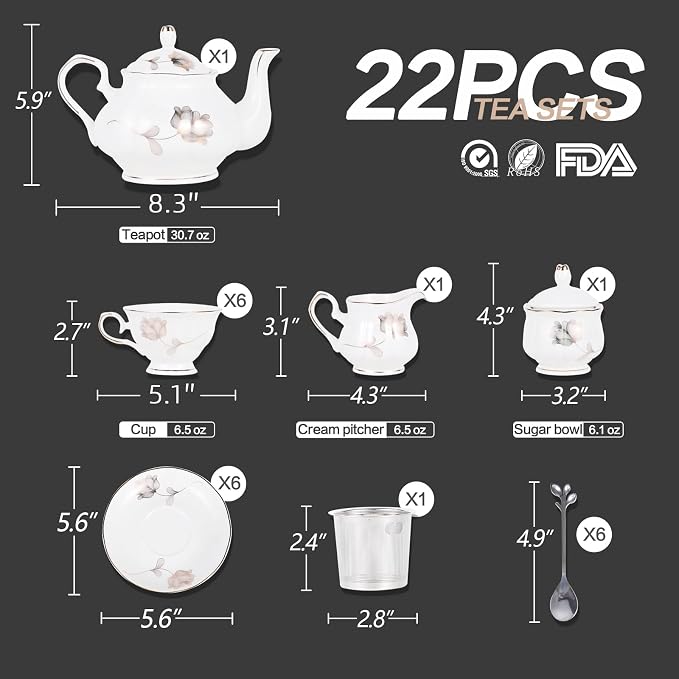 CHENP.HMC Porcelain Ceramic 22-Piece Tea Set, Teapot and Cup Set, 30.7 Ounces - Image 2