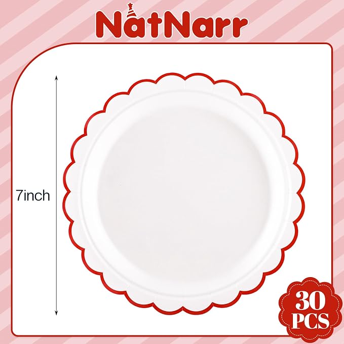 NatNarr 30 Pk Red Paper Plates 7" Scalloped Red White Dessert Cake Plates | - Image 2