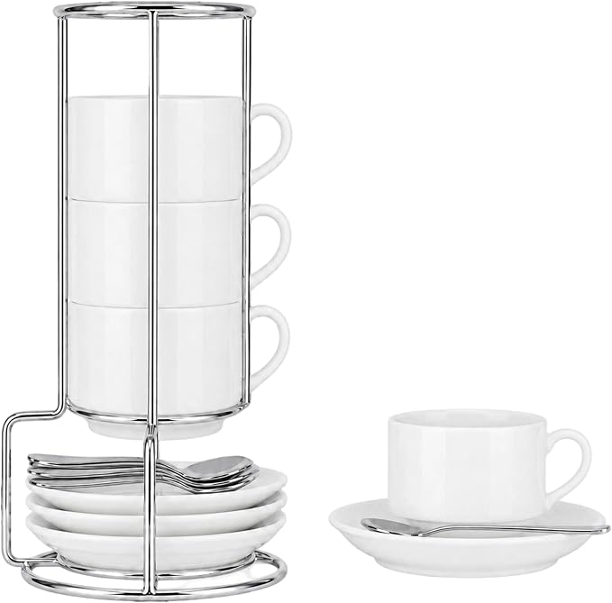 3 Ounce Espresso Cups Set of 4, Includes Display Stand, Coffee Cups Saucers by Renewrevital