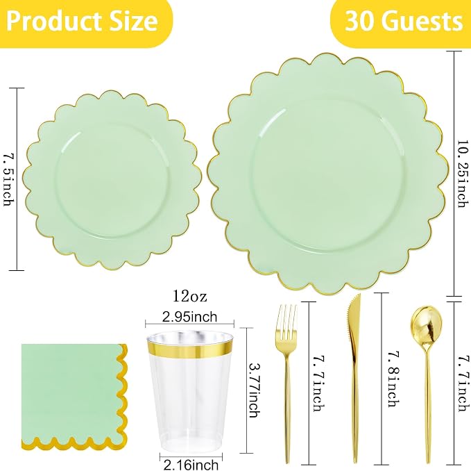 LIYH 210Pcs Gold Trim Sage Green Plastic Plates, Dinnerware Set - Image 8
