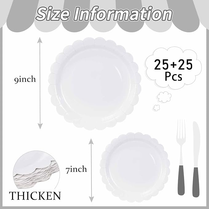 50 Pcs White Scalloped Paper Plates 25 × 7'' and 25 × 9'' Disposable White - Image 3