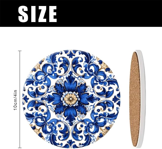 Drink Coasters Set of 6 with Holder Blue and White Porcelain Coasters, Modern - Image 2