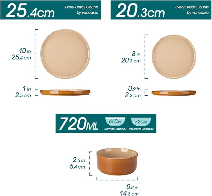 vancasso ONION Ceramic Plates and Bowls Sets, 24 Pieces Brown Dinnerware Sets - Image 2