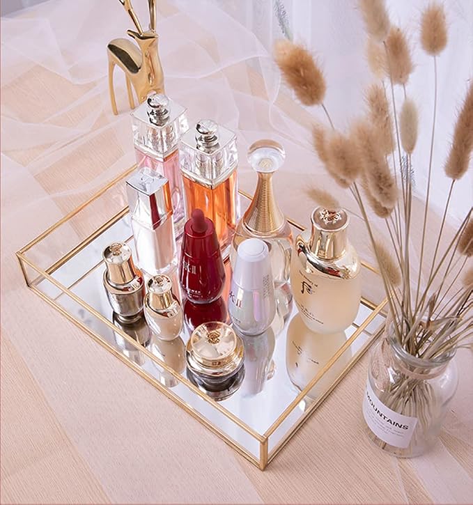 Sooyee Gold Rectangle Mirror Tray, Metal and Glass Fragrance Tray, Can Hold - Image 2