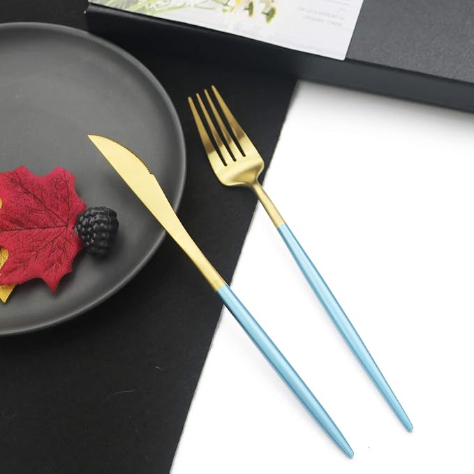JASHII Luxury 18/10 Blue Handle Flatware Gold Silverware Set 304 Stainless - Image 5