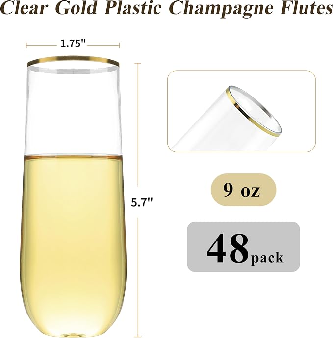 Bestluck 48 Pack 9 oz Stemless Plastic Champagne Flutes Gold Rim | Clear - Image 2