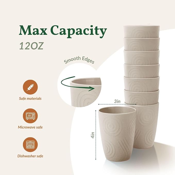 Homienly Wheat Straw Cups 8 PCS Plastic Cups Unbreakable Drinking Cup Reusable - Image 3