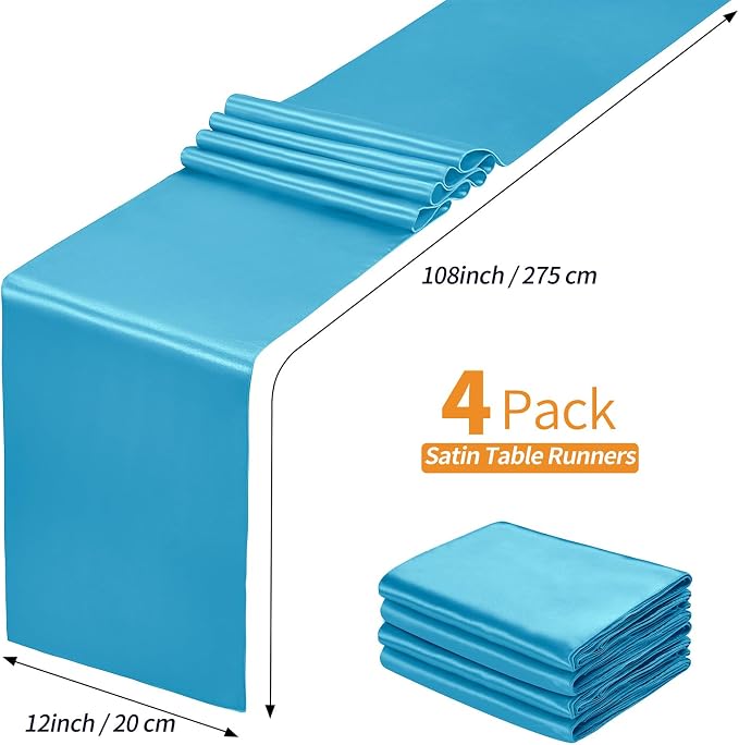 SiinvdaBZX 4 Pcs Teal Blue Satin Table Runner 12 x 108 inches Long | Bright - Image 4