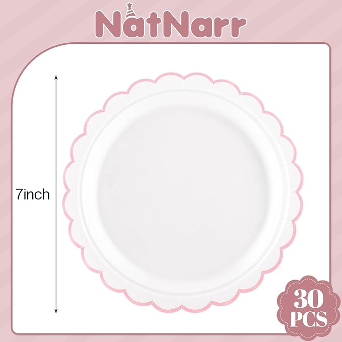 NatNarr 30 Pk Pink Paper Plates 7" Scalloped Pink White Dessert Cake Plates | - Image 2