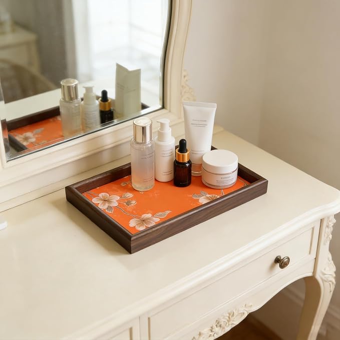 Wooden Valet Tray with Floral Base - Image 4