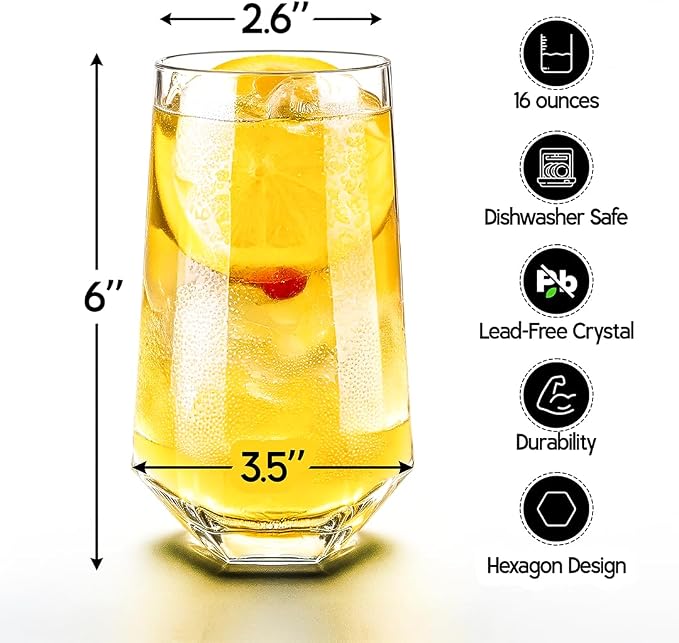 WARMEST SPIRIT Crystal Beverage Glasses- Set of 6- Hexagon Design – 16oz Beer - Image 2