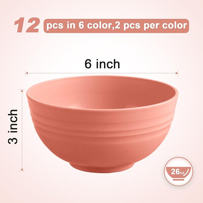HEYCOME 12 Pcs Unbreakable Cereal Bowls Set, 26 Oz Wheat Straw Bowls Set - Image 2