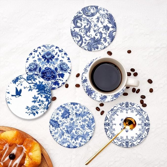 Absorbent Coasters for Drink Set of 6, Bule and White Coasters Cork Bases - Image 7