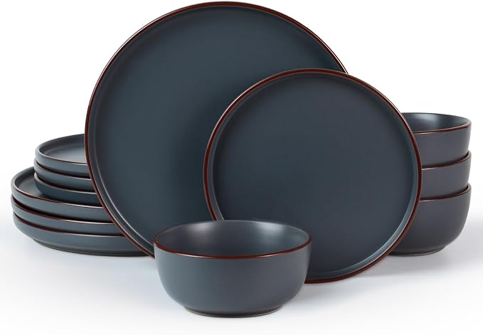 Famiware Mercury 12-Piece Stoneware Dinnerware Set, Charcoal | Plates and Bowls by Famiware