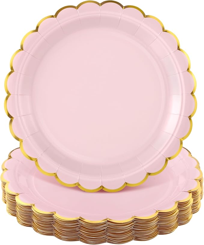 NatNarr 30 Pk Pink Gold Plates 9" Disposable Scalloped Pink Paper Plates | Cute by NatNarr