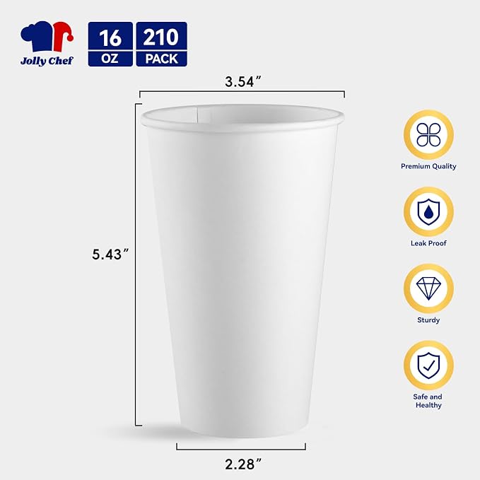 JOLLY CHEF 16 oz Disposable Coffee Cups 210 Pack | Hot Beverage Paper Cups - Image 2
