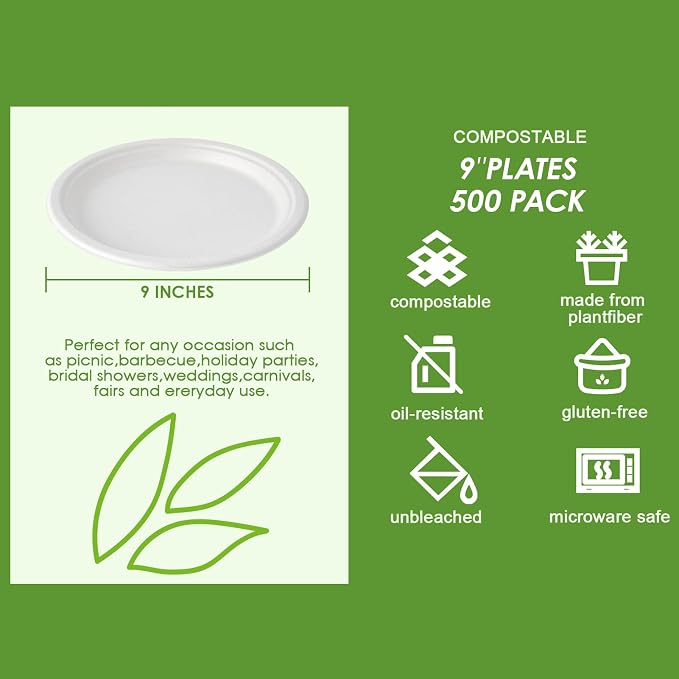 Vplus 500 Pack Compostable Bagasse Paper Plates 9 inch, 100% Bagasse, Natural - Image 3