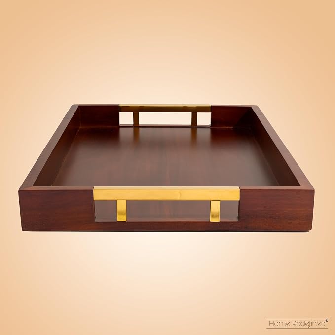Acacia Wood Serving Tray with Polished Gold Stainless Steel Metal Handles - Image 4