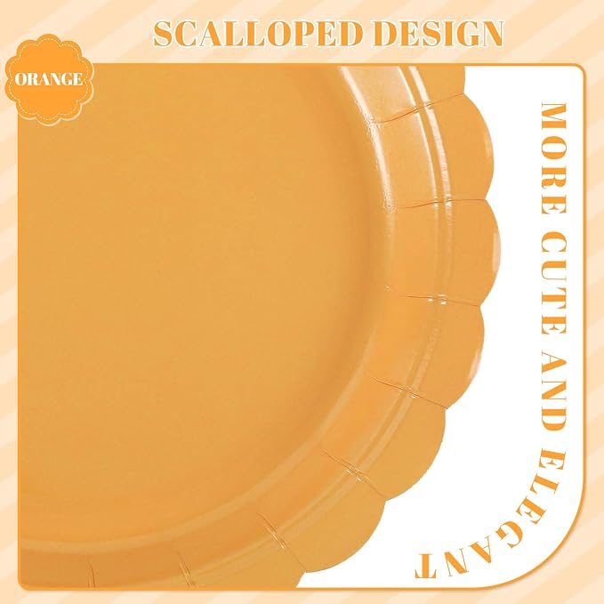 NatNarr 30 Pk Orange Plates 9" Scalloped Fall Thanksgiving Dessert Plates | - Image 3