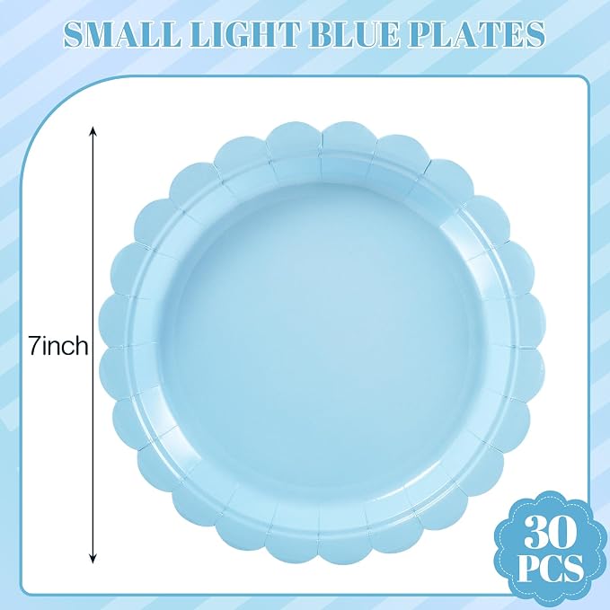 NatNarr 30 Pk Blue Dessert Cake Plates 7" Scalloped Light Blue Paper Plates | - Image 2