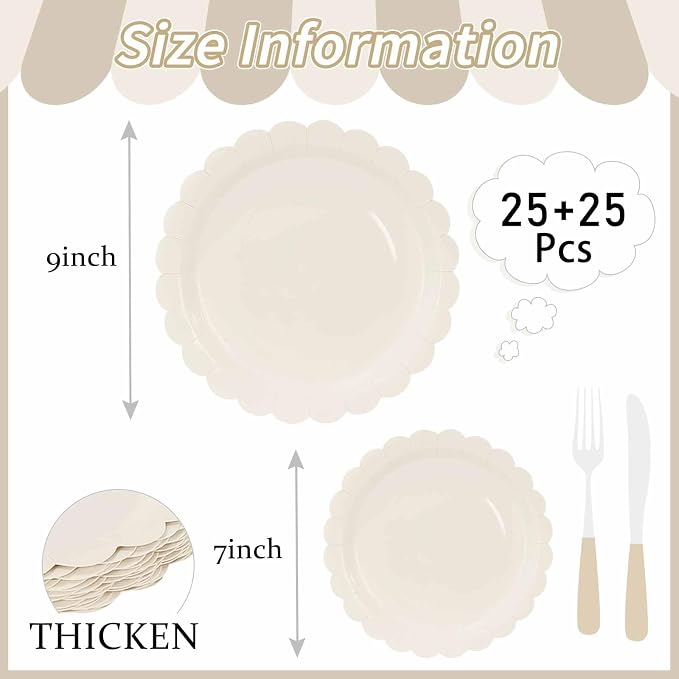 50 Pcs Ivory Scalloped Paper Plates 25 × 7'' and 25 × 9'' Disposable Ivory - Image 3