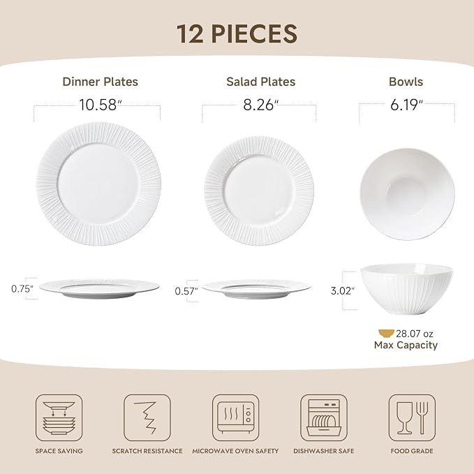 12Pc Textured White Bone China Set Service - Image 2