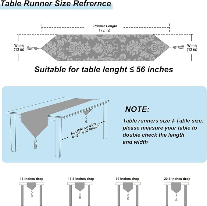 Damask Luxury Table Runner 72 inches Long Textured Chenille Light Blue | Decor - Image 2