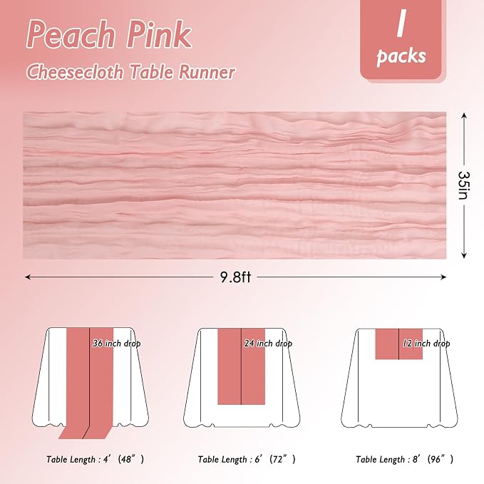 3 Pack Peach Pink Cheesecloth Table Runner 120 Inch Boho Wedding Decor | - Image 2