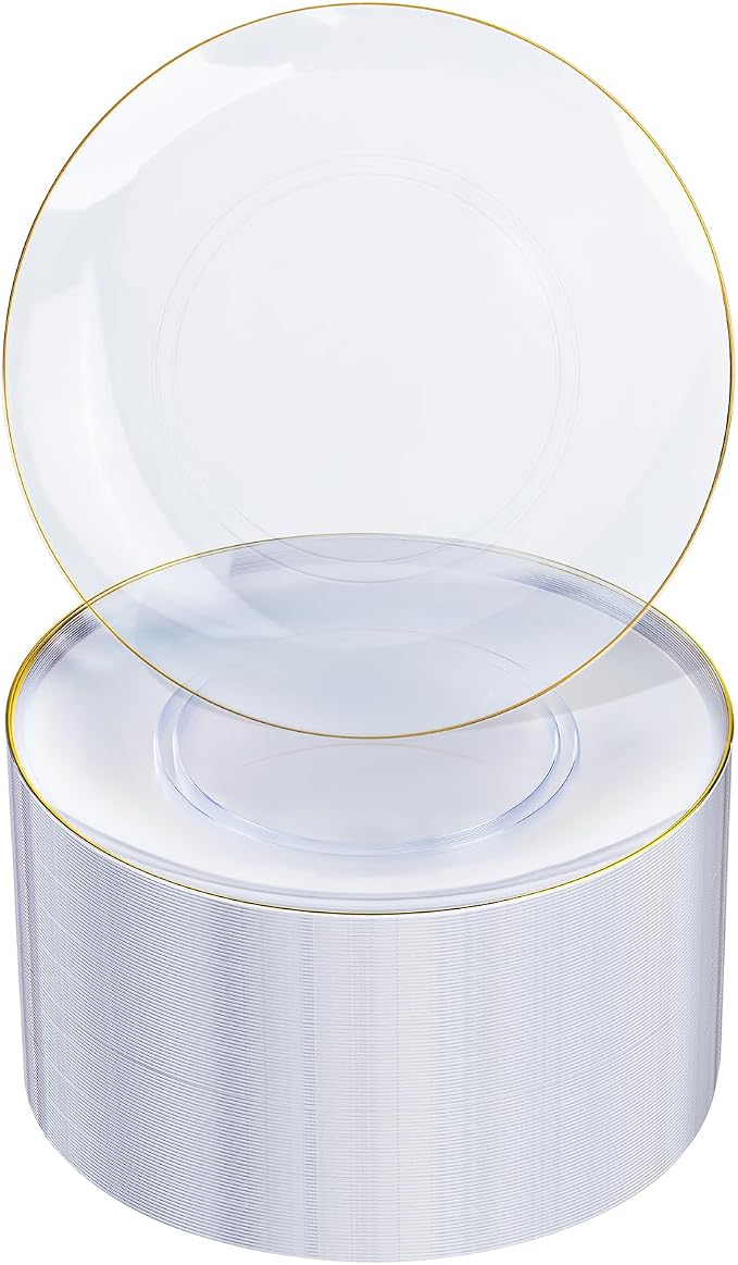 Nervure 100PCS Clear and Gold Rim Plastic Plates by Nervure