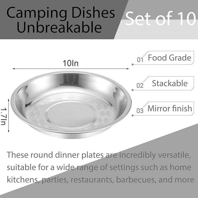 WUWEOT 10 Pack Stainless Steel Dinner Plates, Rust-Proof Camping Serving Plates - Image 2