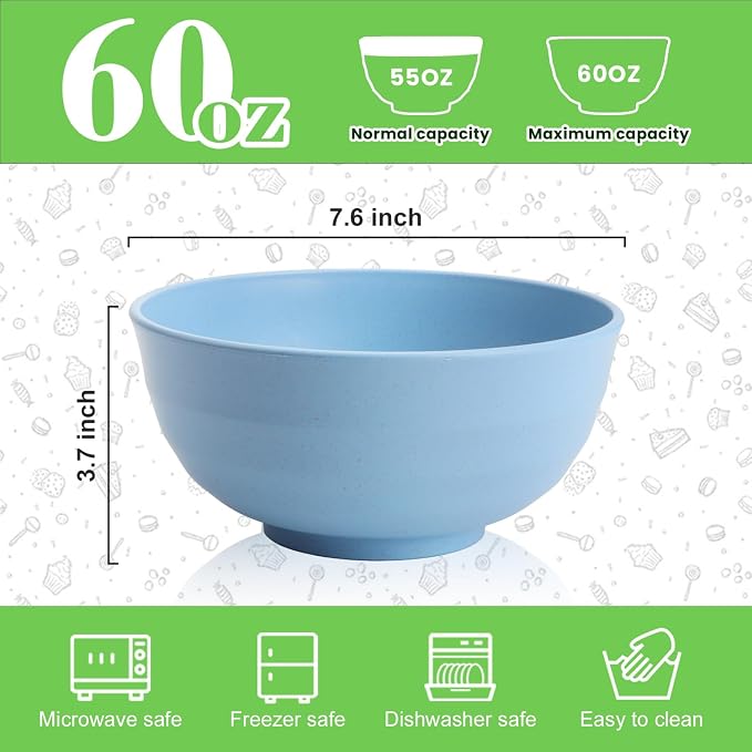 Large Serving Bowls Set of 6, 60 OZ Wheat Straw Bowls Unbreakable, Microwave - Image 2