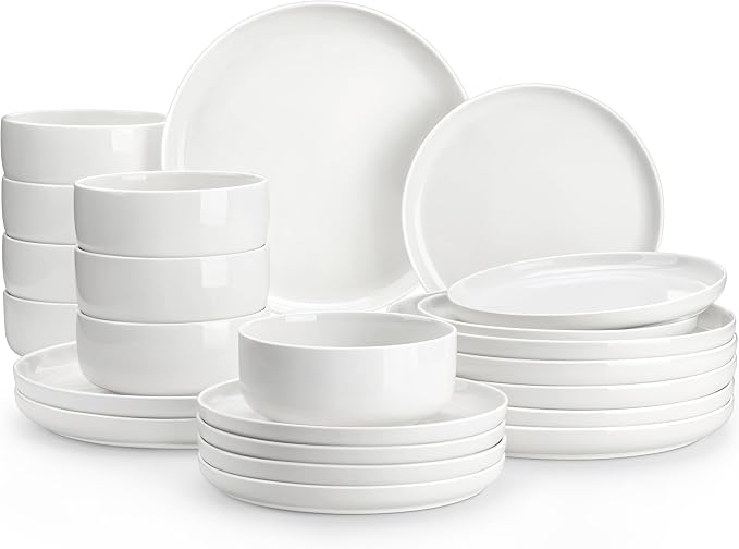 MALACASA Plates and Bowls Sets, 24 Pieces Modern Porcelain Dinnerware Set by MALACASA