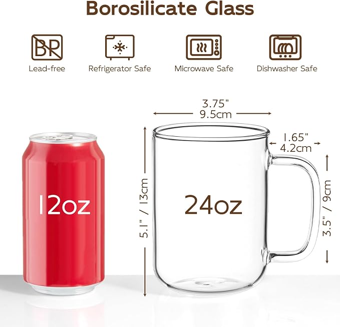Glass Coffee Mugs, 24 oz Ice coffee cups, Large Clear Tea Cups Set of 4 - Image 2