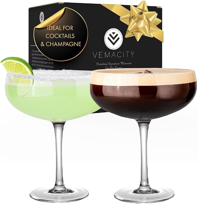 VEMACITY - Elegant Handblown Coupe Cocktail Glasses Set of 2 - Crystal Espresso by Vemacity