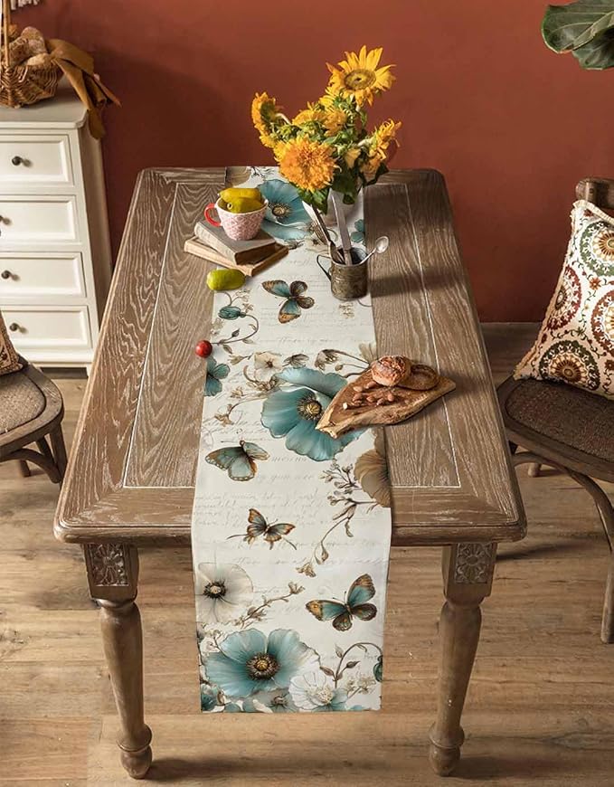 Turquoise Tulip Table Runners 120 Inches Long, Spring Vintage Botanical Table - Image 4