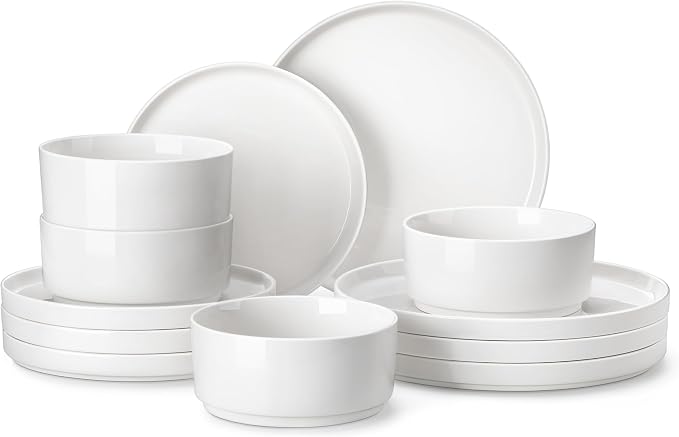 MALACASA 12 Pieces Porcelain Dinnerware Set, Modern White Dish Set by MALACASA