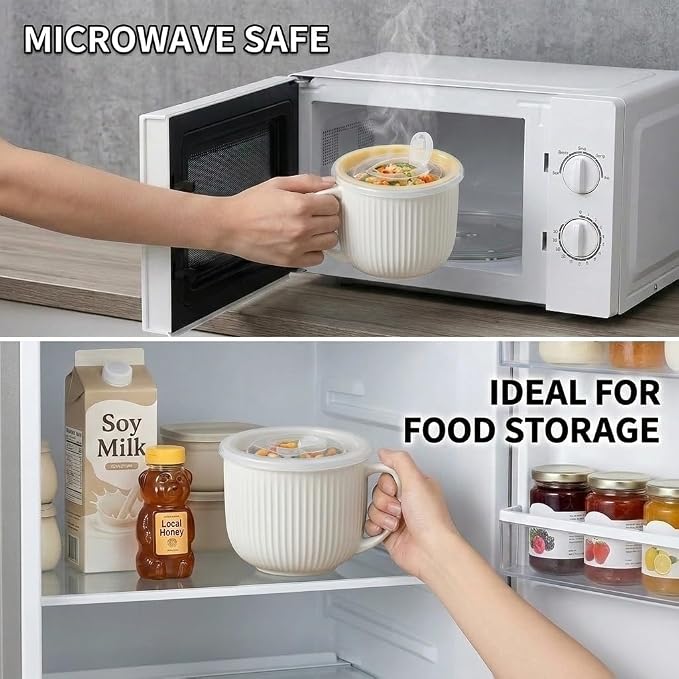 Ceramic Soup Bowl with Handle & Lid, 32oz Microwave Ramen Bowl Set of 2 | White - Image 4