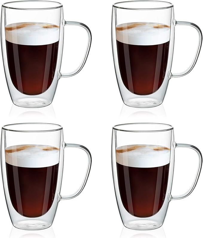 MEWAY 16oz/4 pack Coffee Mugs, Thickened Clear Glass Double Wall Cup by MEWAY