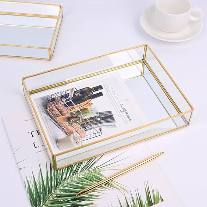 Sooyee Gold Rectangle Mirror Tray, Metal and Glass Fragrance Tray, Can Hold - Image 3
