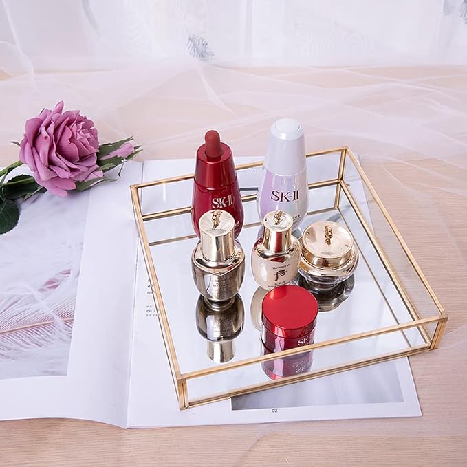 Sooyee Gold Rectangle Mirror Tray, Metal and Glass Fragrance Tray, Can Hold - Image 6