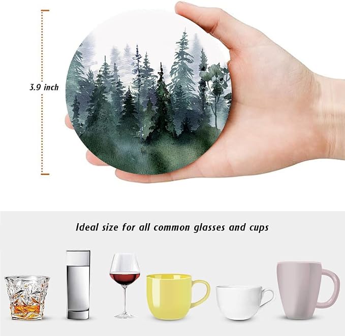 Drink Coasters for Drinks Set of 6, Watercolor Landscape Pine Forest Absorbent - Image 2