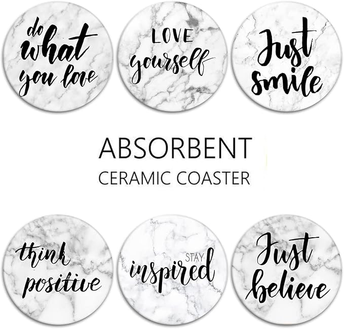 Coasters for Drinks, Ceramic Stone, Marble White | Inspirational Quote Text - Image 5