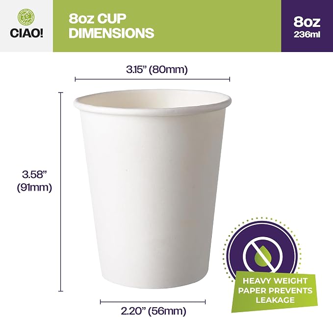 CIAO! 8oz White Paper Hot Cup, Disposable, 80mm Diameter 500 Count - Image 2
