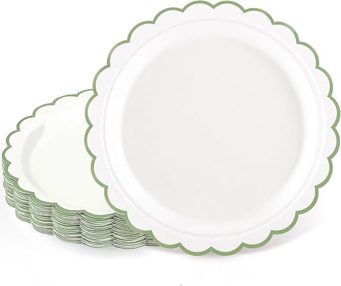 NatNarr 30 Pk Sage Green Plates 7" Scalloped Green White Dessert Cake Plate | by NatNarr